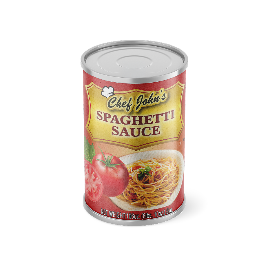 Can of Chef John's Spaghetti Sauce featuring images of whole and sliced tomatoes and a plate of spaghetti.
